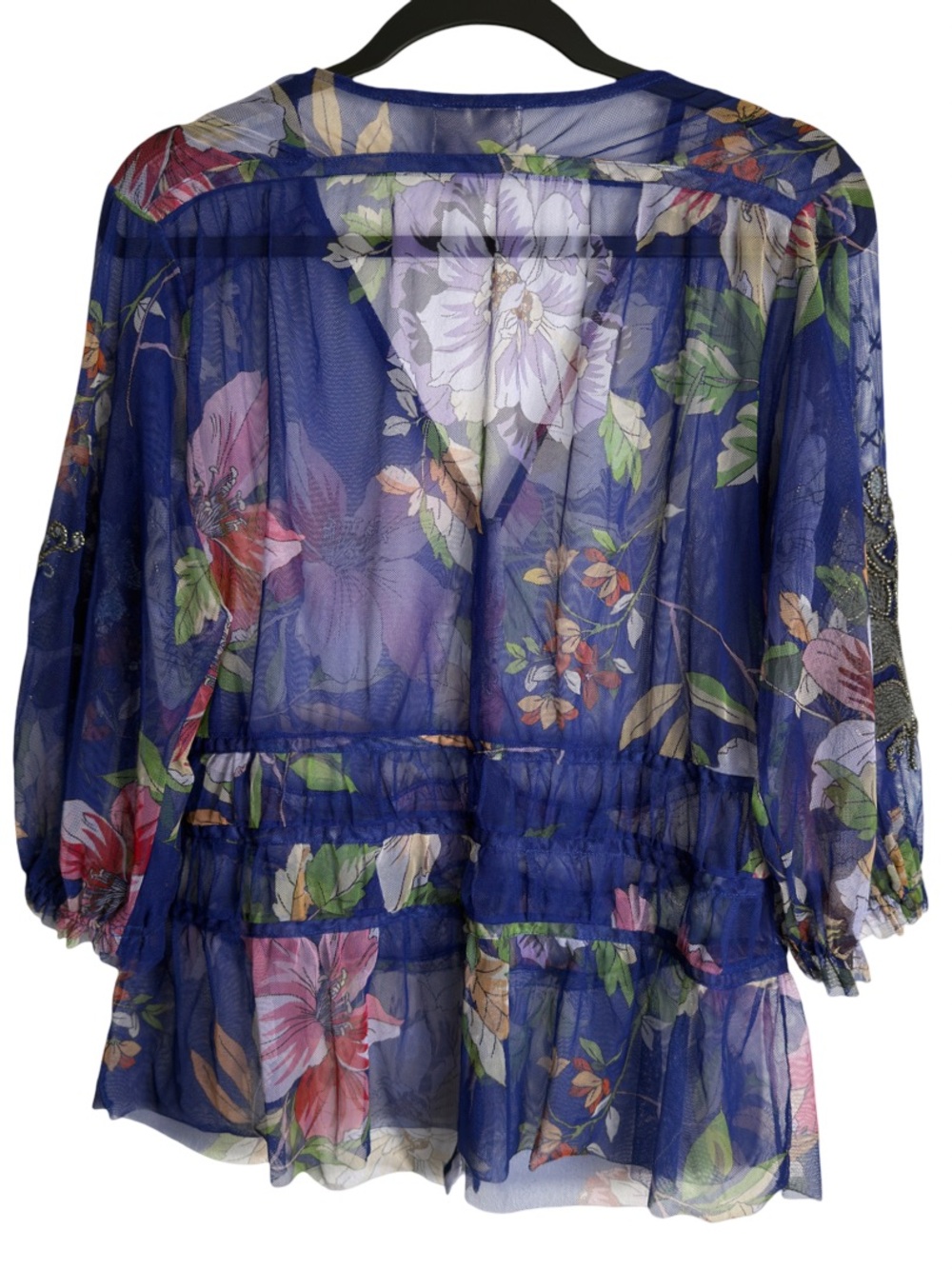 Johnny Was Embroidered Blue Floral Mesh Mazzy Embroidered Blouse Blue Size S - Picture 9 of 11